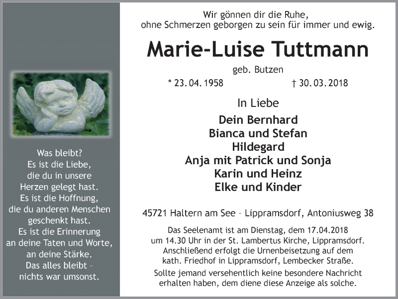  Traueranzeige für Marie-Luise Tuttmann vom 05.04.2018 aus Ruhr Nachrichten und Halterner Zeitung