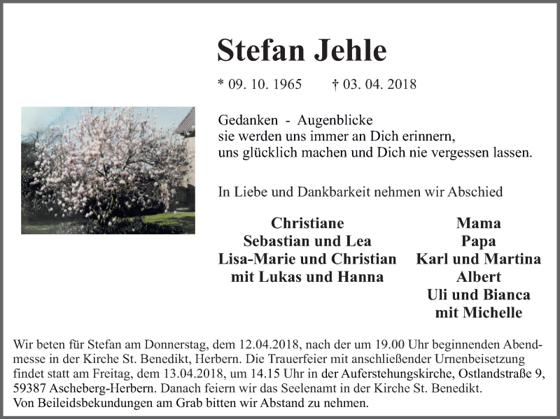  Traueranzeige für Stefan Jehle vom 07.04.2018 aus Ruhr Nachrichten