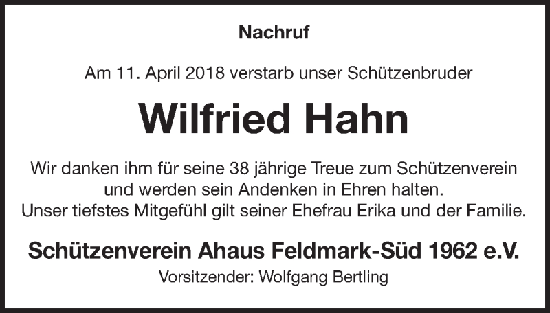  Traueranzeige für Wilfried Hahn vom 18.04.2018 aus Münstersche Zeitung und Münsterland Zeitung