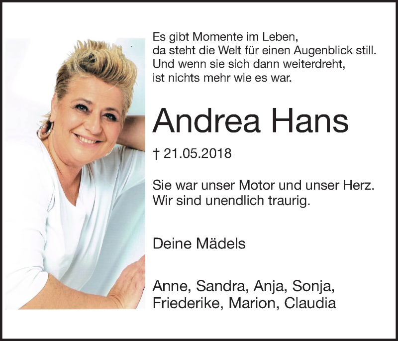  Traueranzeige für Andrea Hans vom 30.05.2018 aus Ruhr Nachrichten
