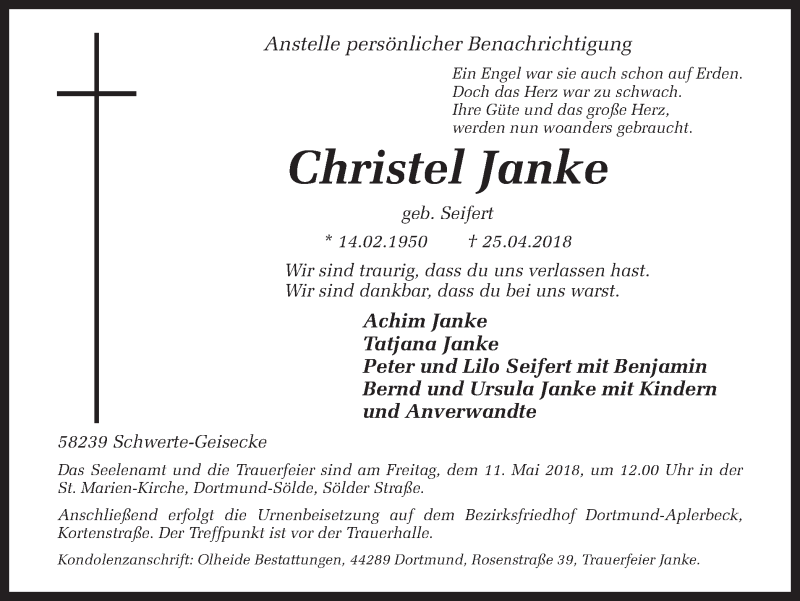  Traueranzeige für Christel Janke vom 01.05.2018 aus Ruhr Nachrichten