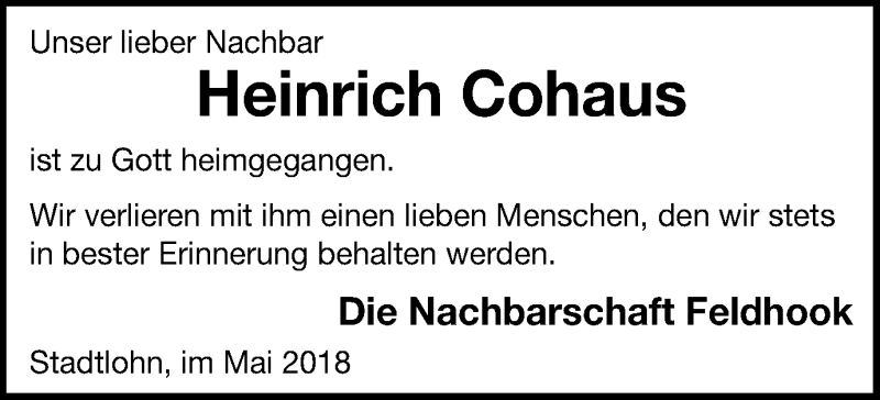  Traueranzeige für Heinrich Cohaus vom 01.05.2018 aus Münstersche Zeitung und Münsterland Zeitung
