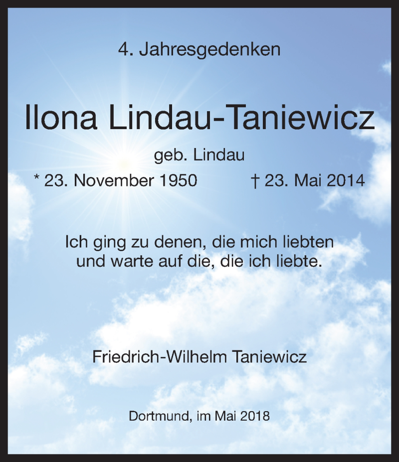  Traueranzeige für Ilona Lindau-Taniewicz vom 23.05.2018 aus Ruhr Nachrichten