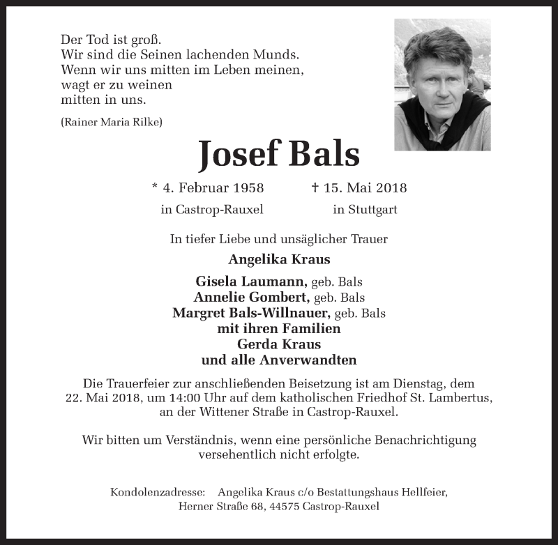  Traueranzeige für Josef Bals vom 19.05.2018 aus Ruhr Nachrichten