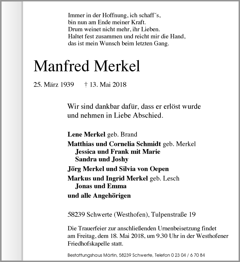  Traueranzeige für Manfred Merkel vom 15.05.2018 aus Ruhr Nachrichten