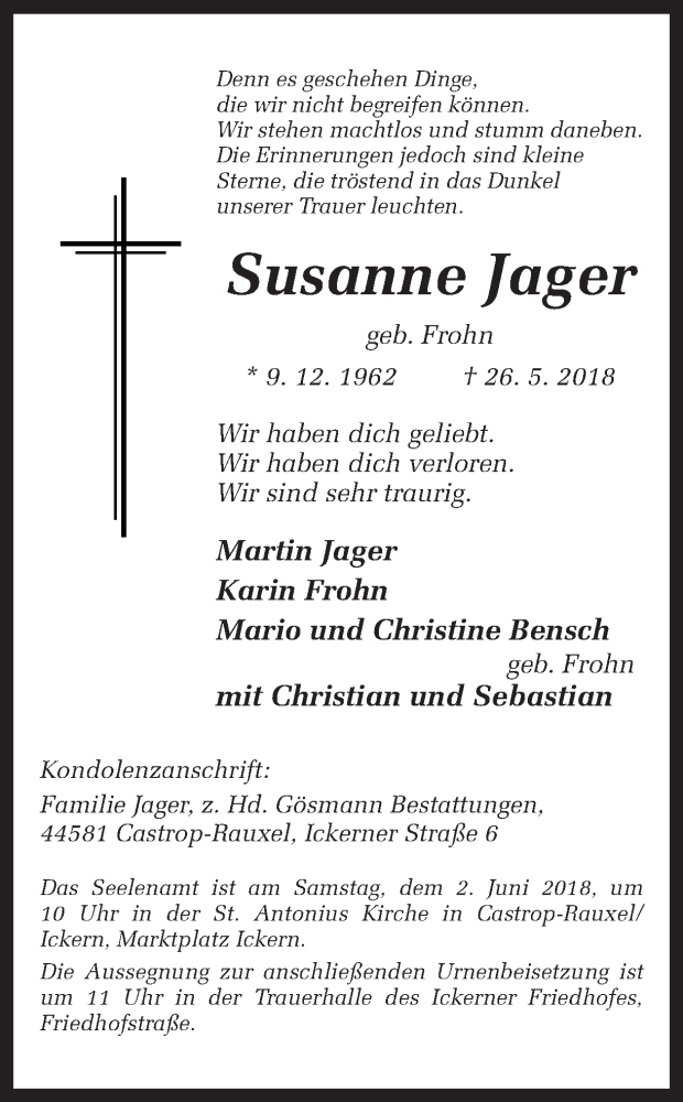  Traueranzeige für Susanne Jager vom 30.05.2018 aus Ruhr Nachrichten