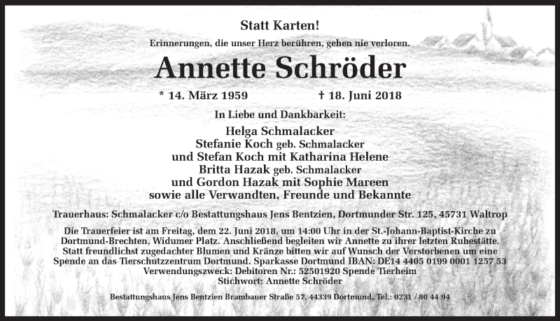  Traueranzeige für Annette Schröder vom 20.06.2018 aus Ruhr Nachrichten