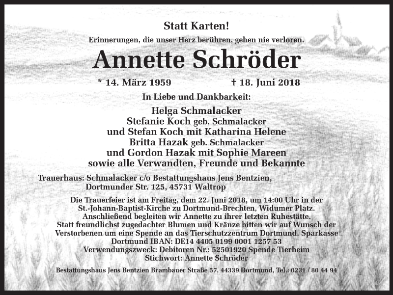  Traueranzeige für Annette Schröder vom 20.06.2018 aus Ruhr Nachrichten