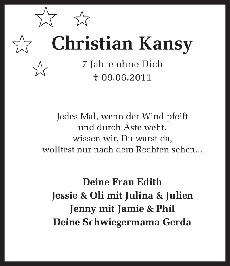  Traueranzeige für Christian Kansy vom 09.06.2018 aus Ruhr Nachrichten