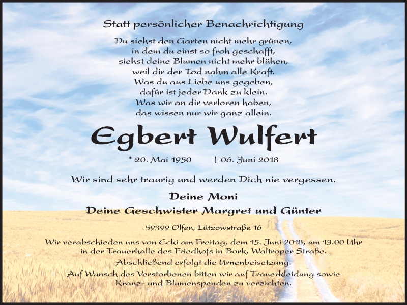  Traueranzeige für Egbert Wulfert vom 12.06.2018 aus Ruhr Nachrichten
