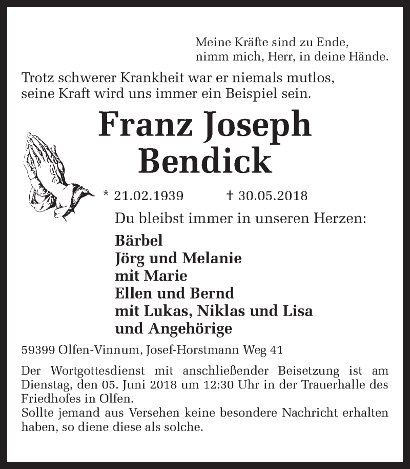  Traueranzeige für Franz Joseph Bendick vom 02.06.2018 aus Ruhr Nachrichten