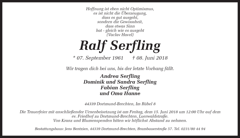  Traueranzeige für Ralf Serfling vom 12.06.2018 aus Ruhr Nachrichten