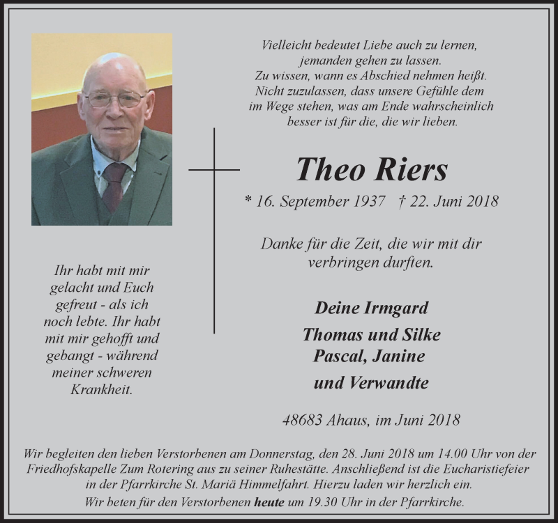  Traueranzeige für Theo Riers vom 26.06.2018 aus Münstersche Zeitung und Münsterland Zeitung