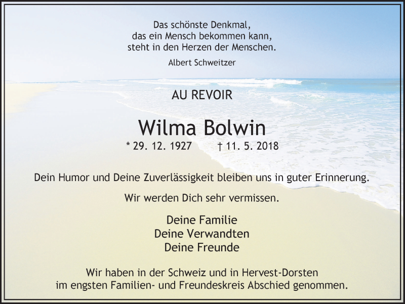  Traueranzeige für Wilma Bolwin vom 13.06.2018 aus Ruhr Nachrichten und Dorstener Zeitung