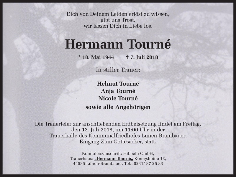  Traueranzeige für Hermann Tourné vom 11.07.2018 aus Ruhr Nachrichten
