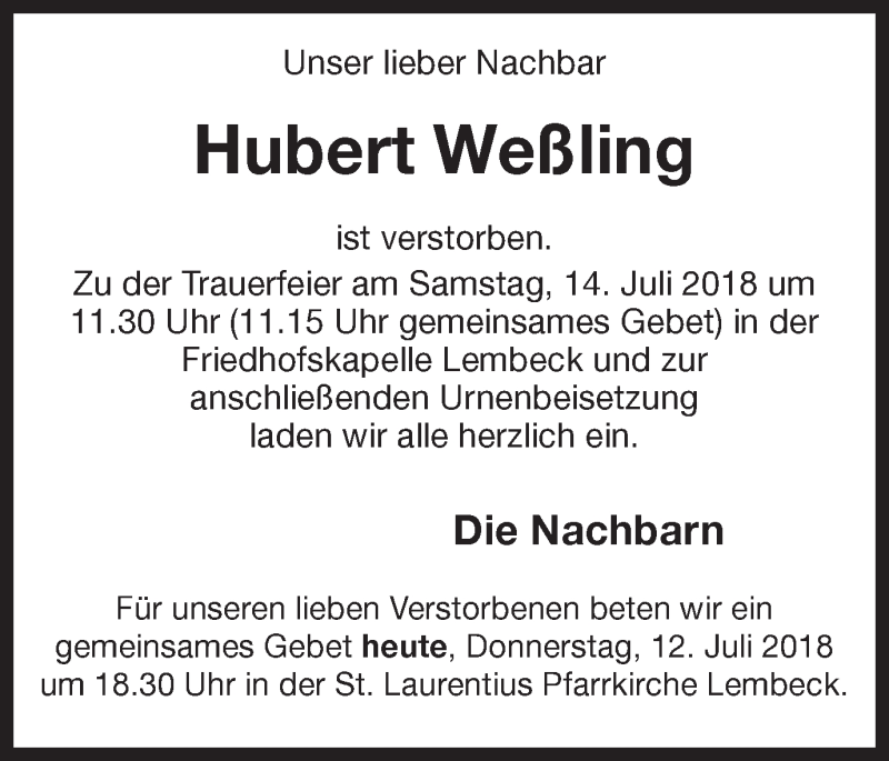  Traueranzeige für Hubert Weßling vom 12.07.2018 aus Ruhr Nachrichten und Dorstener Zeitung