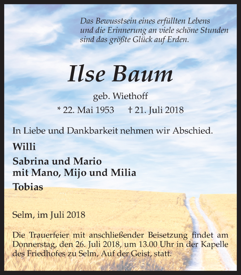  Traueranzeige für Ilse Baum vom 24.07.2018 aus Ruhr Nachrichten