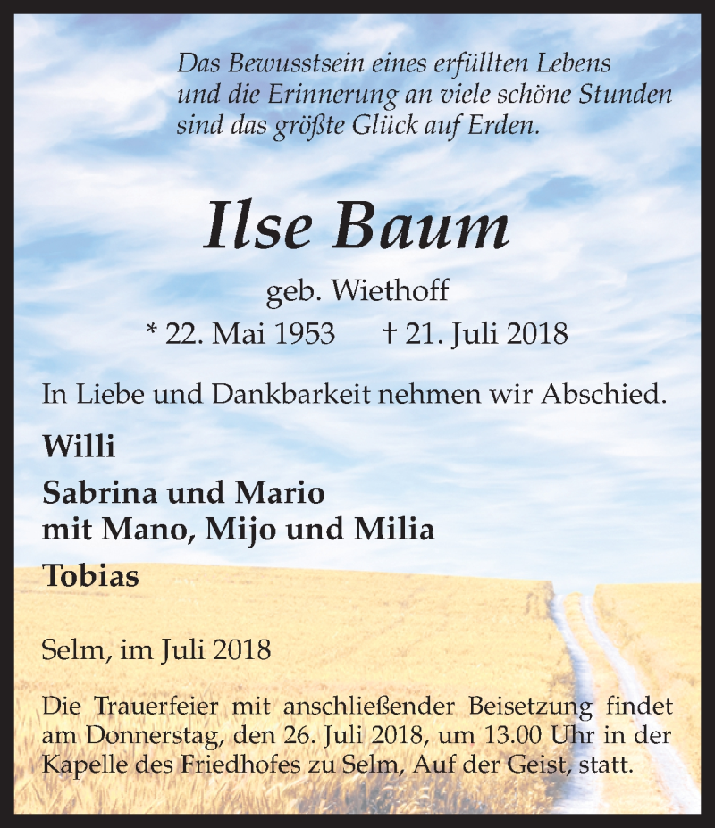  Traueranzeige für Ilse Baum vom 24.07.2018 aus Ruhr Nachrichten