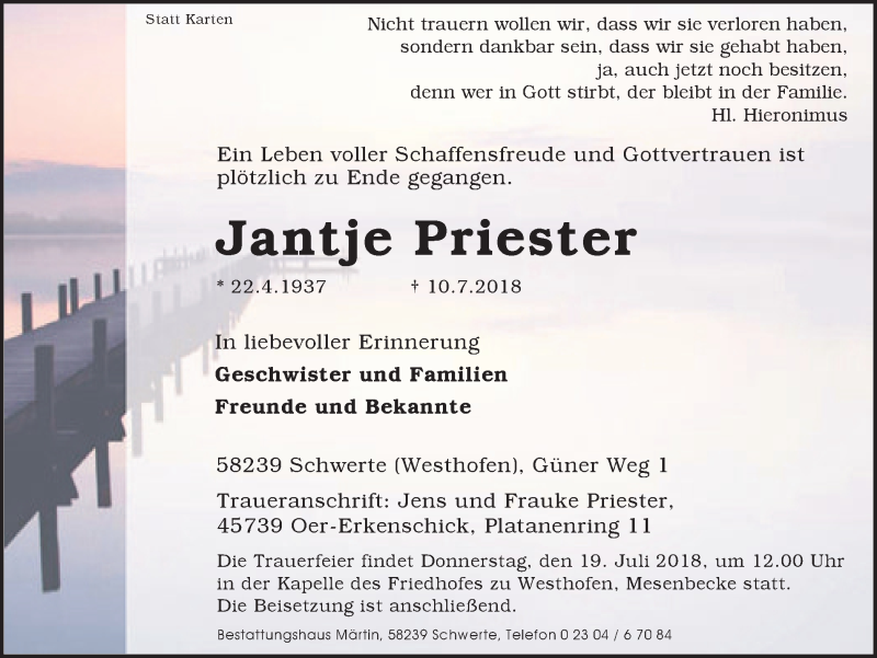  Traueranzeige für Jantje Priester vom 13.07.2018 aus Ruhr Nachrichten