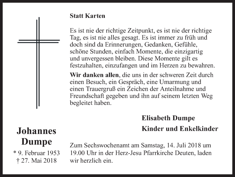  Traueranzeige für Johannes Dumpe vom 11.07.2018 aus Ruhr Nachrichten und Dorstener Zeitung