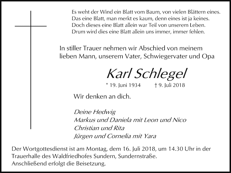  Traueranzeige für Karl Schlegel vom 13.07.2018 aus Ruhr Nachrichten und Halterner Zeitung