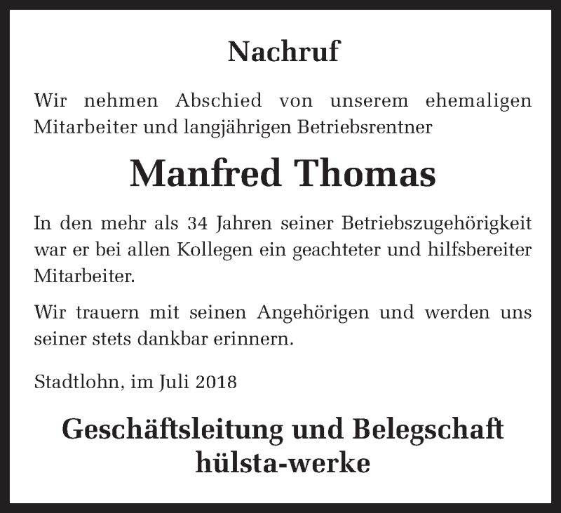  Traueranzeige für Manfred Thomas vom 12.07.2018 aus Münstersche Zeitung und Münsterland Zeitung