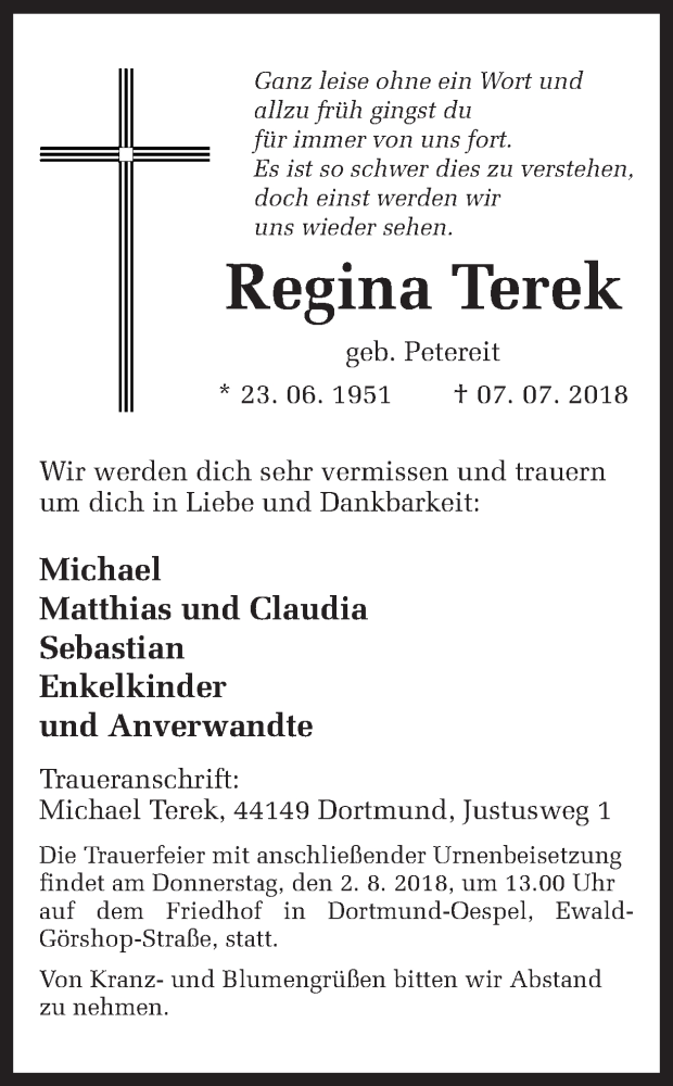  Traueranzeige für Regina Terek vom 28.07.2018 aus Ruhr Nachrichten
