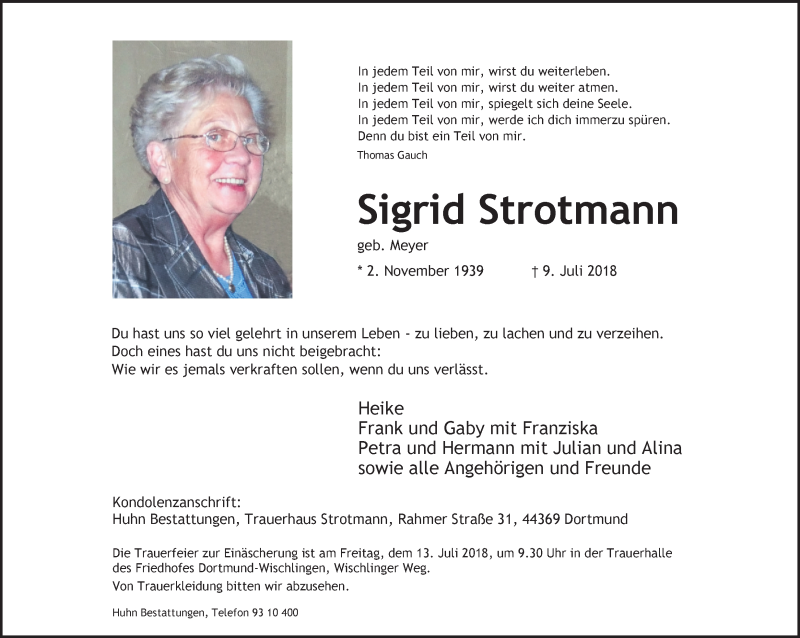  Traueranzeige für Sigrid Strotmann vom 11.07.2018 aus Ruhr Nachrichten