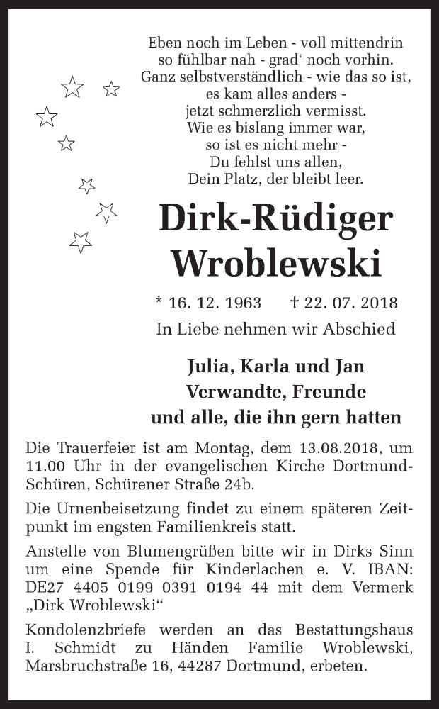  Traueranzeige für Dirk-Rüdiger Wroblewski vom 10.08.2018 aus Ruhr Nachrichten