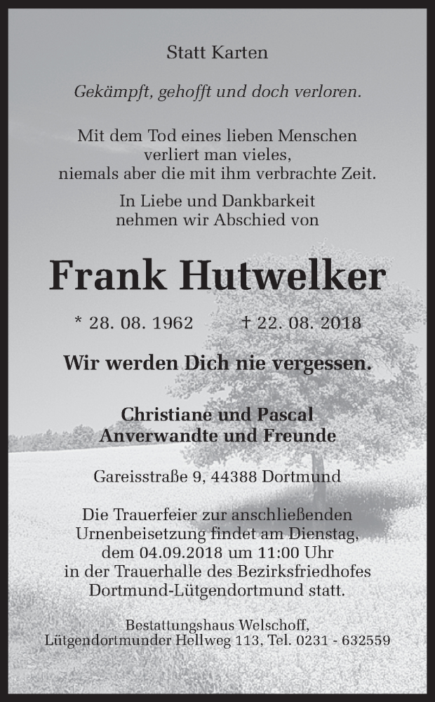  Traueranzeige für Frank Hutwelker vom 25.08.2018 aus Ruhr Nachrichten