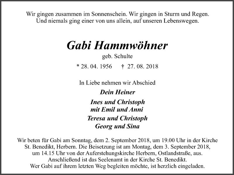  Traueranzeige für Gabi Hammwöhner vom 29.08.2018 aus Ruhr Nachrichten