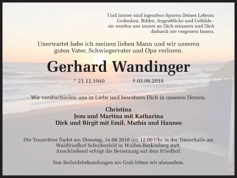  Traueranzeige für Gerhard Wandinger vom 09.08.2018 aus Ruhr Nachrichten und Dorstener Zeitung
