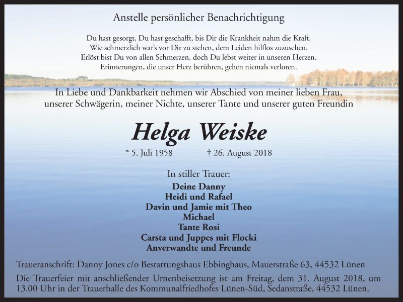  Traueranzeige für Helga Weiske vom 29.08.2018 aus Ruhr Nachrichten