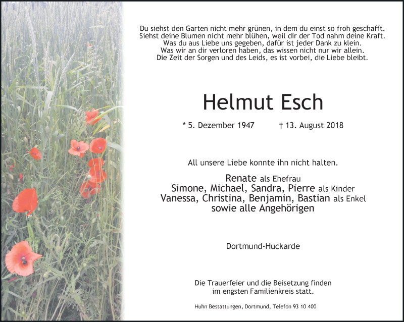  Traueranzeige für Helmut Esch vom 18.08.2018 aus Ruhr Nachrichten