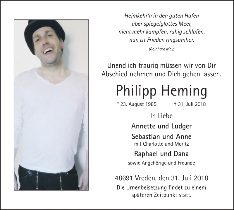  Traueranzeige für Philipp Heming vom 09.08.2018 aus Münstersche Zeitung und Münsterland Zeitung