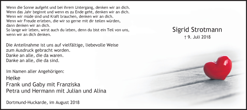  Traueranzeige für Sigrid Strotmann vom 18.08.2018 aus Ruhr Nachrichten