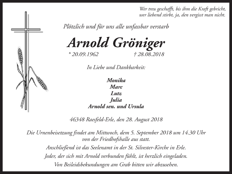  Traueranzeige für Arnold Gröniger vom 01.09.2018 aus Ruhr Nachrichten und Dorstener Zeitung