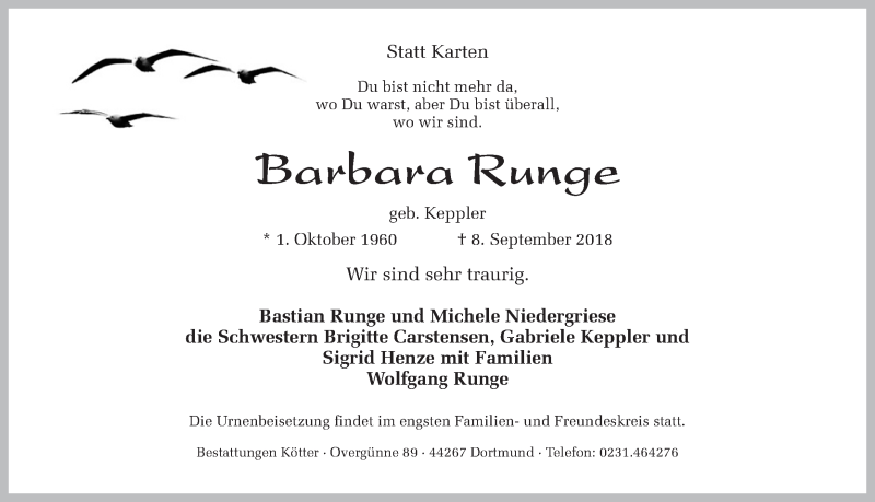  Traueranzeige für Barbara Runge vom 12.09.2018 aus Ruhr Nachrichten