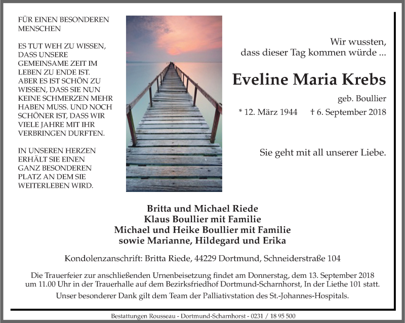  Traueranzeige für Eveline Maria Krebs vom 11.09.2018 aus Ruhr Nachrichten