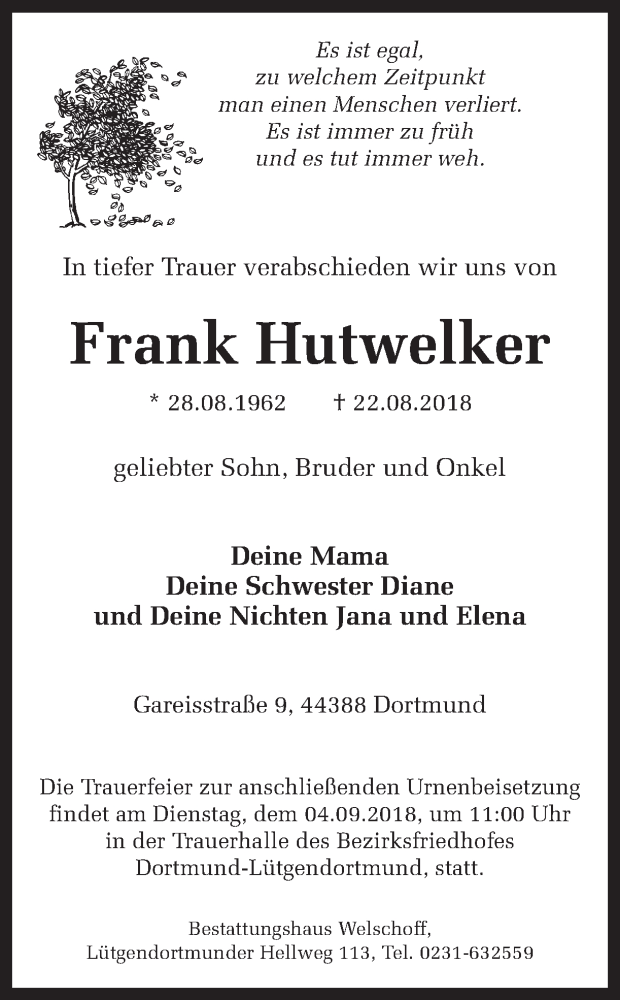  Traueranzeige für Frank Hutwelker vom 01.09.2018 aus Ruhr Nachrichten