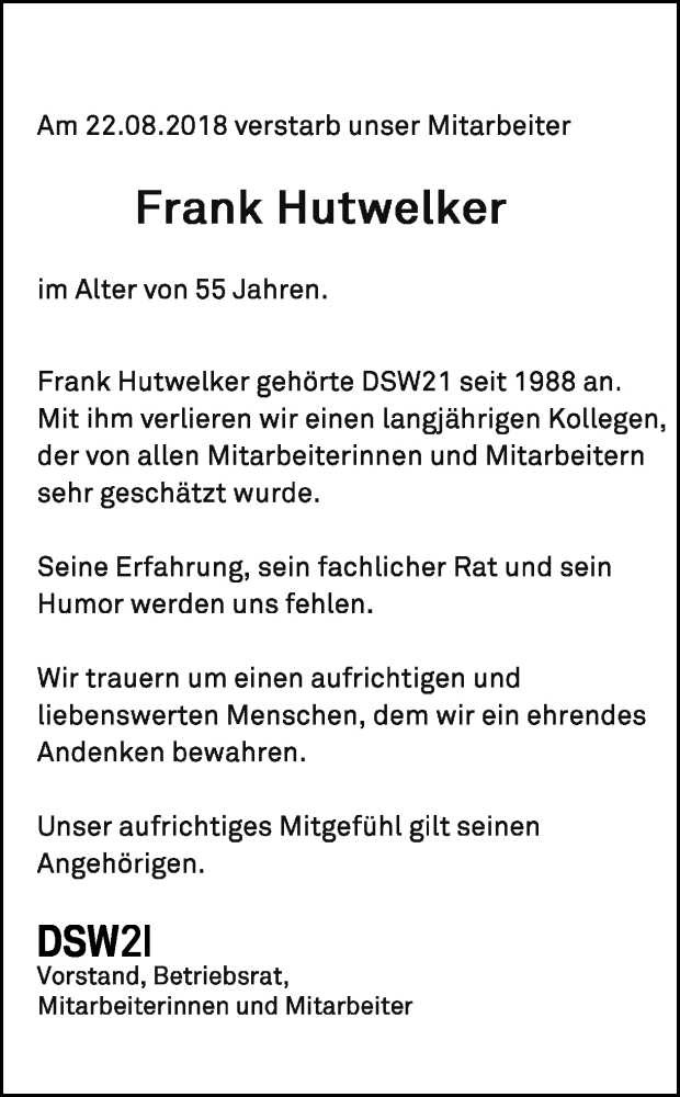  Traueranzeige für Frank Hutwelker vom 01.09.2018 aus Ruhr Nachrichten