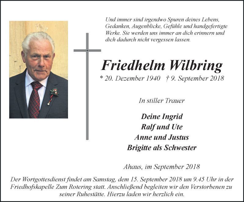  Traueranzeige für Friedhelm Wilbring vom 12.09.2018 aus Münstersche Zeitung und Münsterland Zeitung