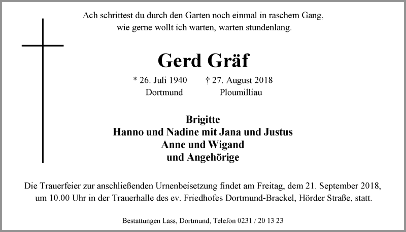 Traueranzeige für Gerd Gräf vom 15.09.2018 aus Ruhr Nachrichten