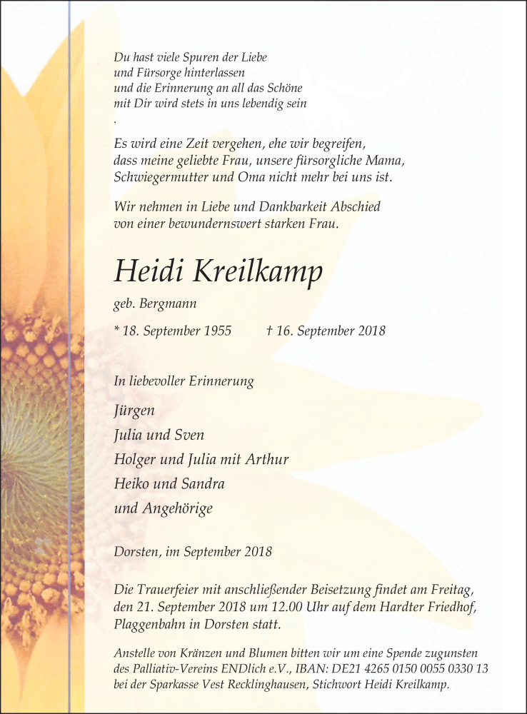  Traueranzeige für Heidi Kreilkamp vom 19.09.2018 aus Ruhr Nachrichten und Dorstener Zeitung