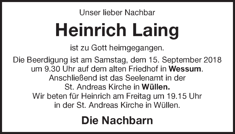  Traueranzeige für Heinrich Laing vom 13.09.2018 aus Münstersche Zeitung und Münsterland Zeitung