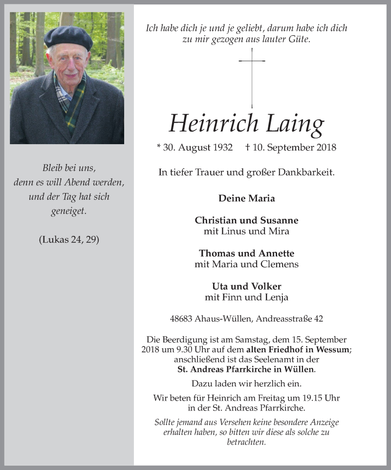  Traueranzeige für Heinrich Laing vom 12.09.2018 aus Münstersche Zeitung und Münsterland Zeitung