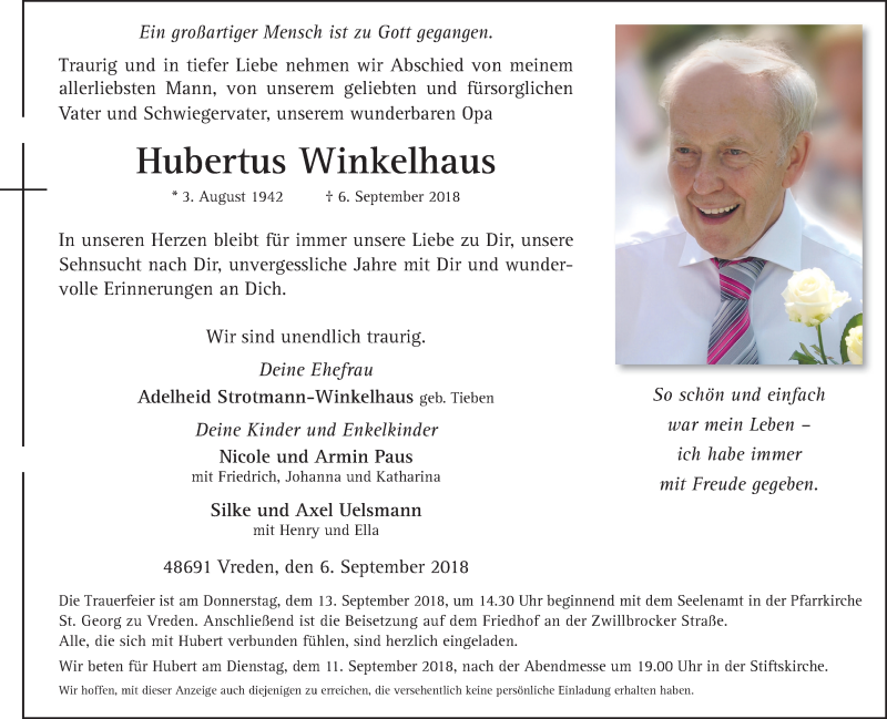  Traueranzeige für Hubertus Winkelhaus vom 10.09.2018 aus Münstersche Zeitung und Münsterland Zeitung
