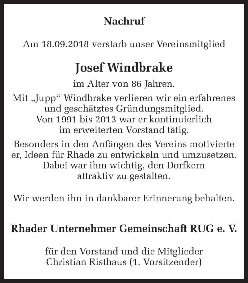  Traueranzeige für Josef Windbrake vom 22.09.2018 aus Ruhr Nachrichten und Dorstener Zeitung