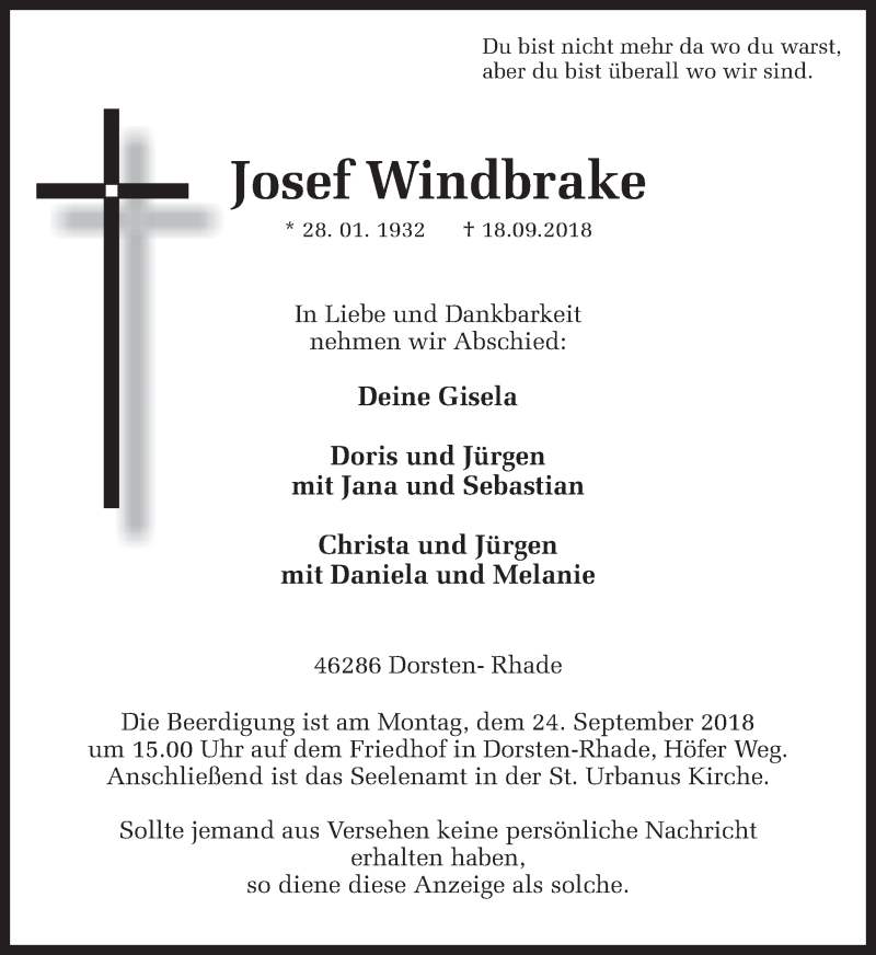  Traueranzeige für Josef Windbrake vom 20.09.2018 aus Ruhr Nachrichten und Dorstener Zeitung