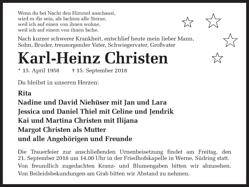  Traueranzeige für Karl-Heinz Christen vom 18.09.2018 aus Ruhr Nachrichten